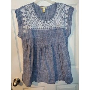 Studio West Apparel Medium Blouse 100% Cotton Blue Stripes Embroidered Boho...